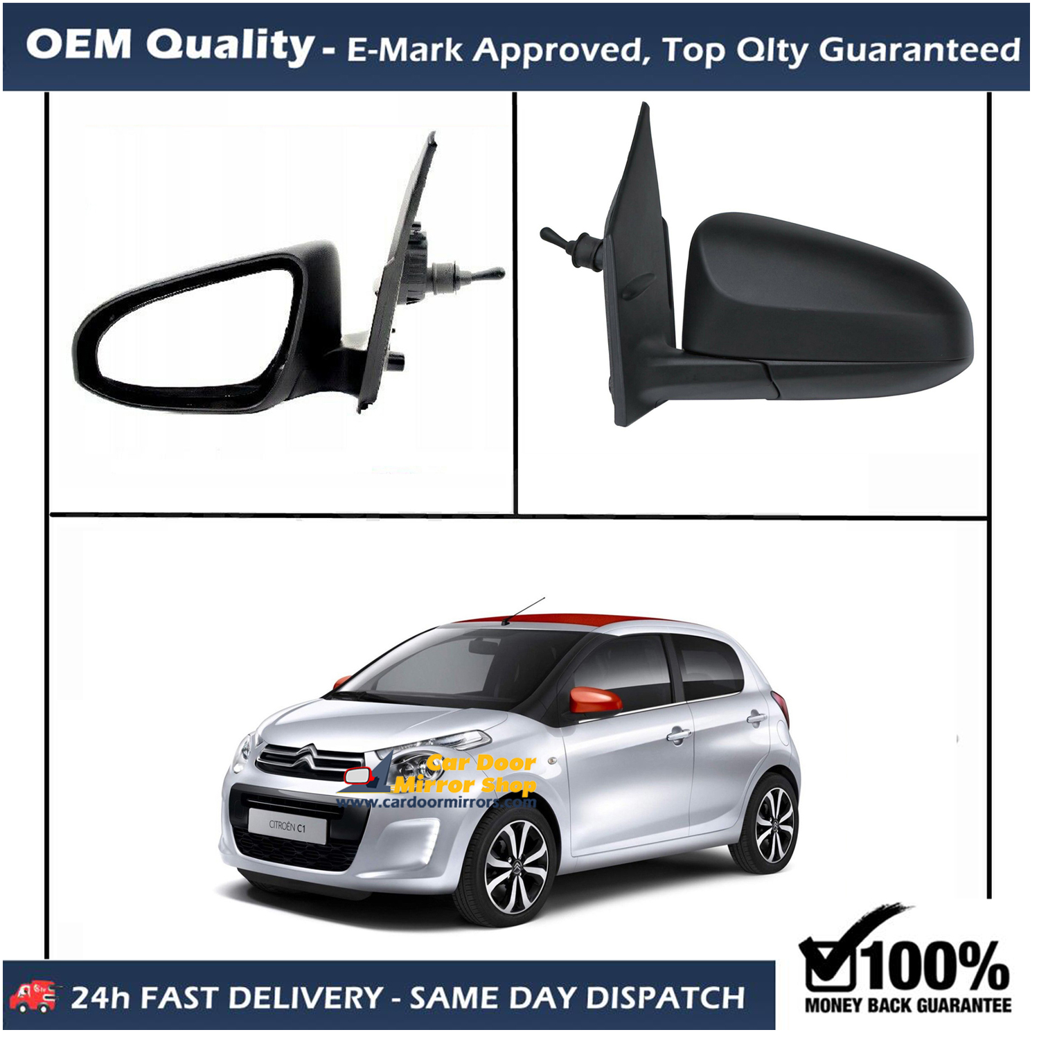 Citroen C1 Complete Wing Mirror Unit LEFT HAND ( UK Passenger Side ) 2014 to 2020 – MANUAL Wing Mirror Unit
