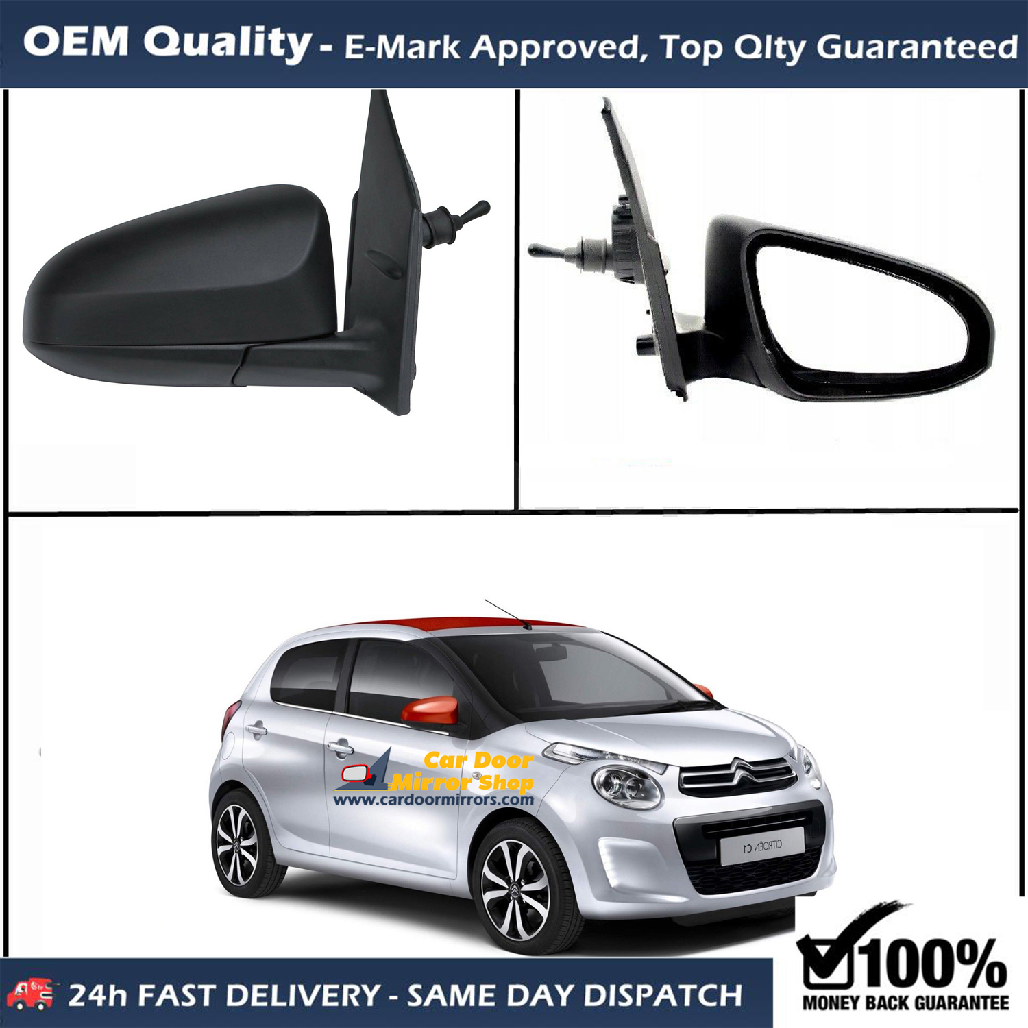 Peugeot 108 Complete Wing Mirror Unit RIGHT HAND ( UK Driver Side ) 2014 to 2020 – MANUAL Wing Mirror Unit