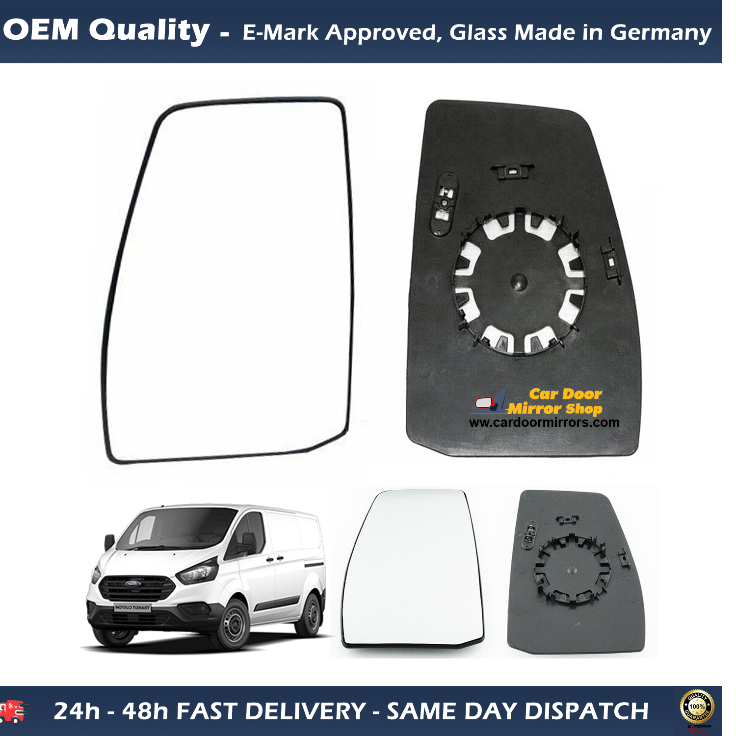 Ford Transit Custom Wing Mirror Glass With Base LEFT HAND ( UK Passenger Side ) 2014 to 2020 – Non-Heated Base Convex Mirror