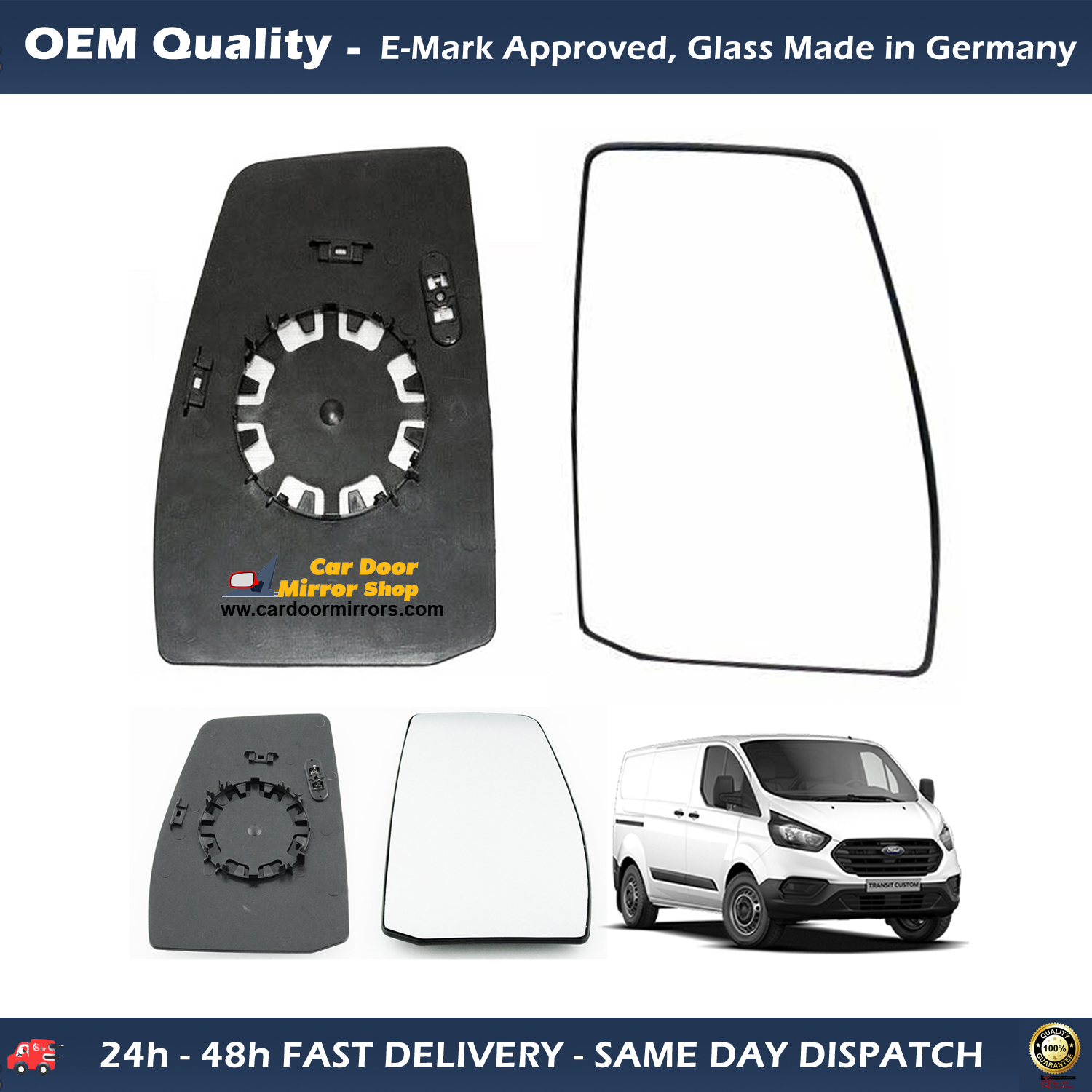 Ford Transit Custom Wing Mirror Glass With Base RIGHT HAND ( UK Driver Side ) 2014 to 2020 – Non-Heated Base Convex Mirror