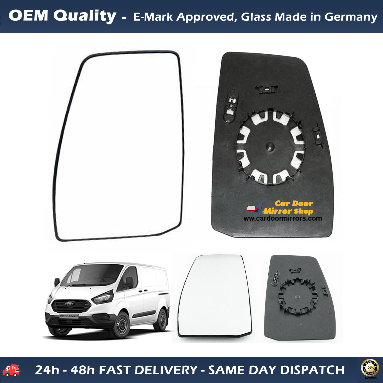 Ford Transit Custom Wing Mirror Glass With Base LEFT HAND ( UK Passenger Side ) 2014 to 2020 – Heated Base Convex Mirror