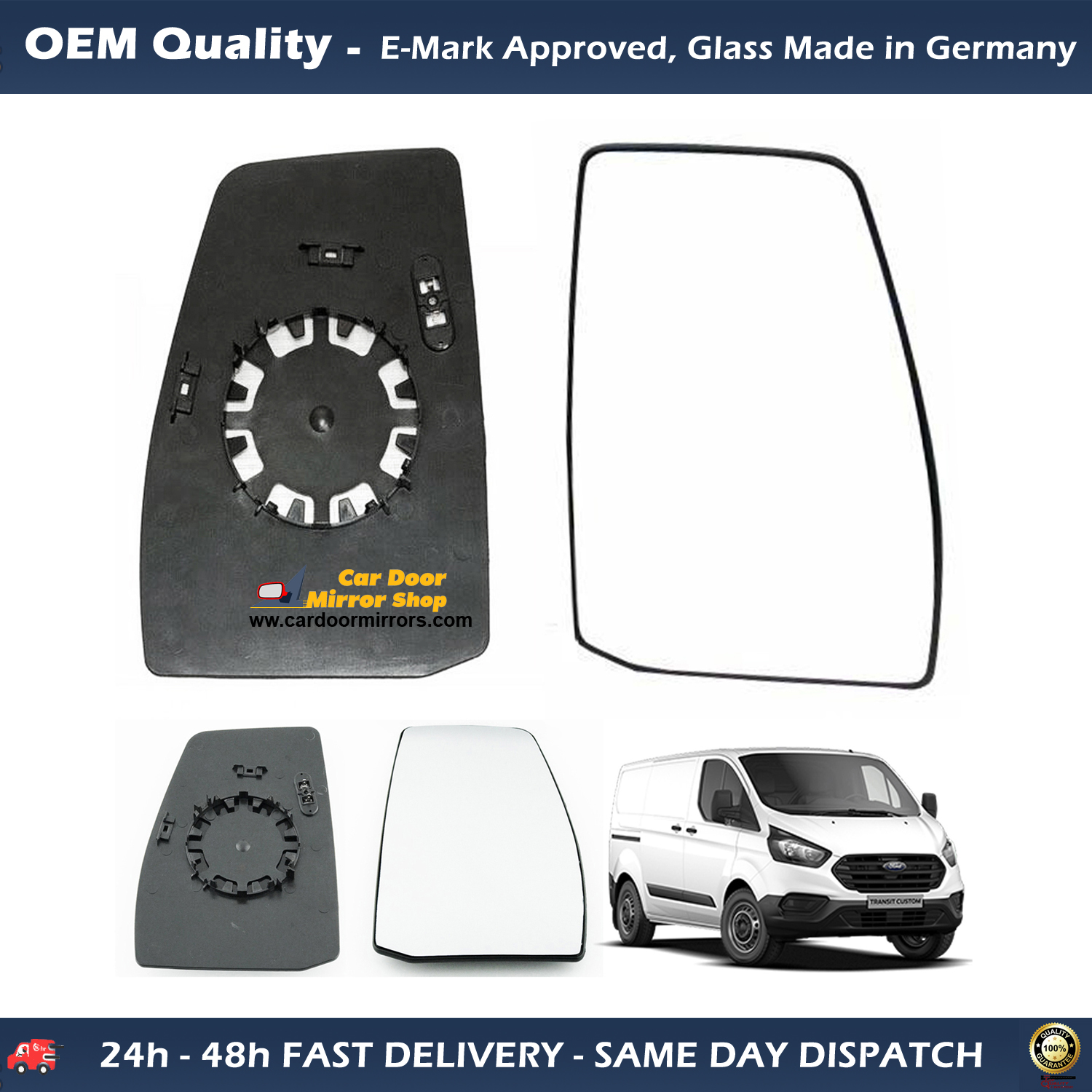 Ford Transit Custom Wing Mirror Glass With Base RIGHT HAND ( UK Driver Side ) 2014 to 2020 – Heated Base Convex Mirror