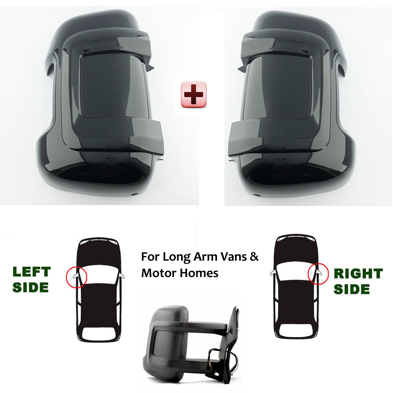 FIAT Ducato Wing Mirror Cover Protectors LEFT and RIGHT (PAIR ) 2006 to 2021 – Gloss BLACK Wing Mirror Cover Protector ( LONG Arm Vans )